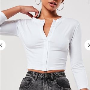 White Button Front Long Sleeve Crop Top